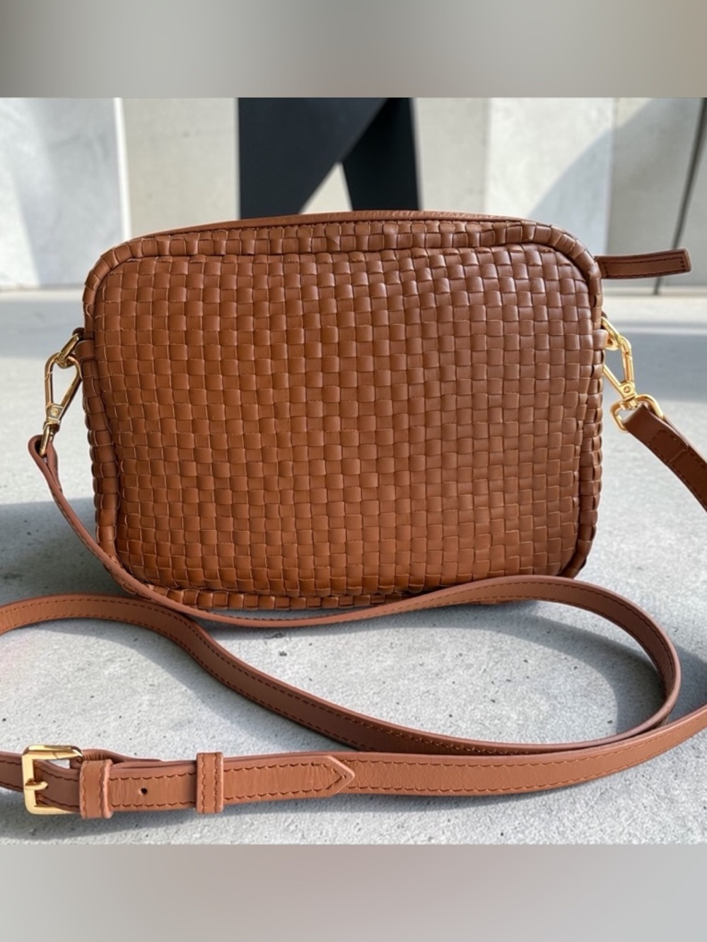 Quince Woven Crossbody Bag in Brown with Gold Hardware